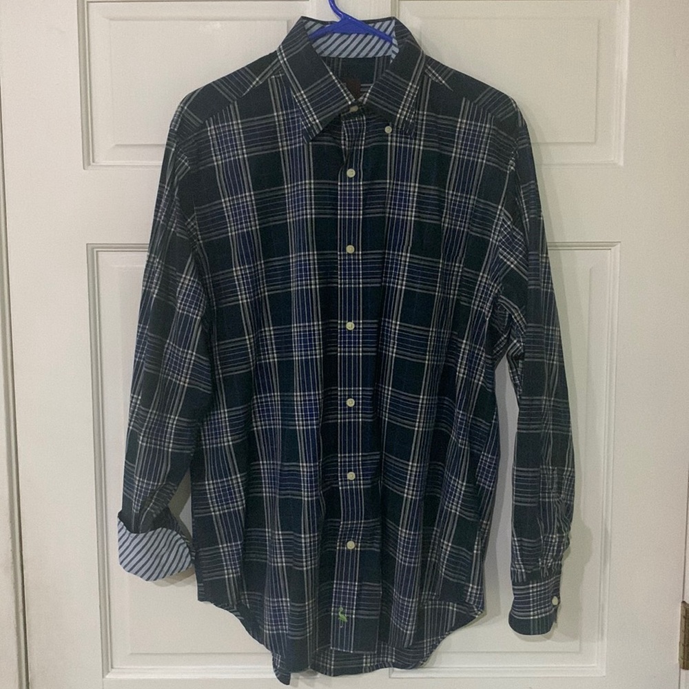 Long sleeve Tailorbyrd logo shirt. Blue plaid with contrast inside cuff.